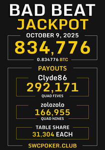 Bad Beat Jackpot 0.8 Bitcoin Payouts From October 9th, 2025